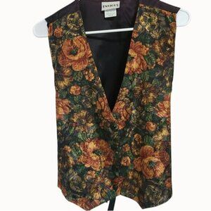Vintage Envious Floral Brocade Button-Up Vest Medium Made In USA Orange & Black